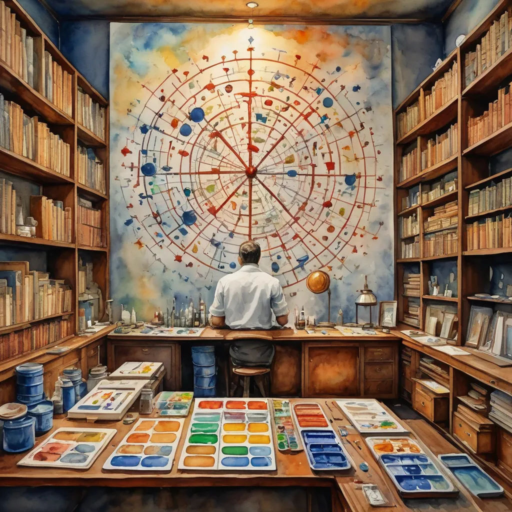 a painting of a man sitting at a desk in a library with a large wheel of life on the wall, analytical art, a watercolor painting, Donato Giancola, in gouache detailed paintings