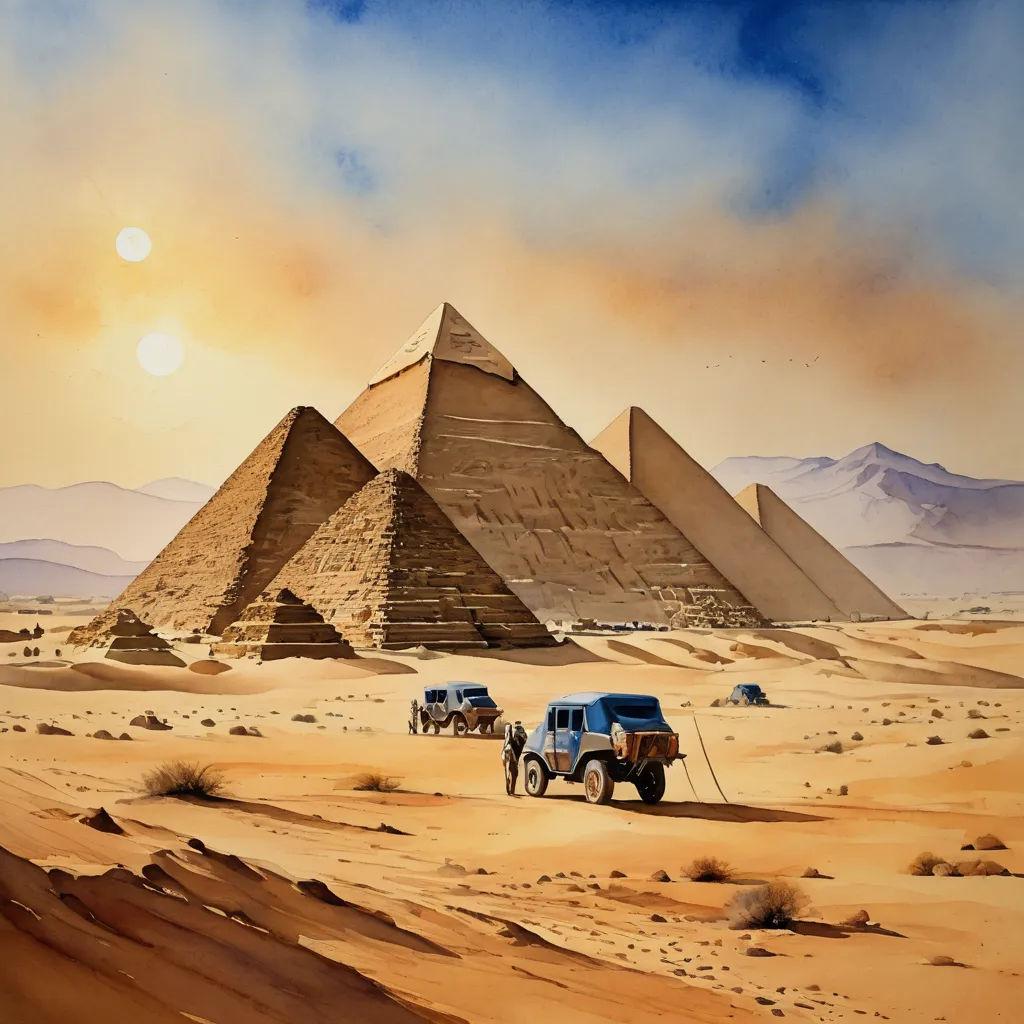 a painting of a desert with a pyramid and jeeps in the background and a sun setting in the sky, space art, egyptian art, David A Hardy, desert