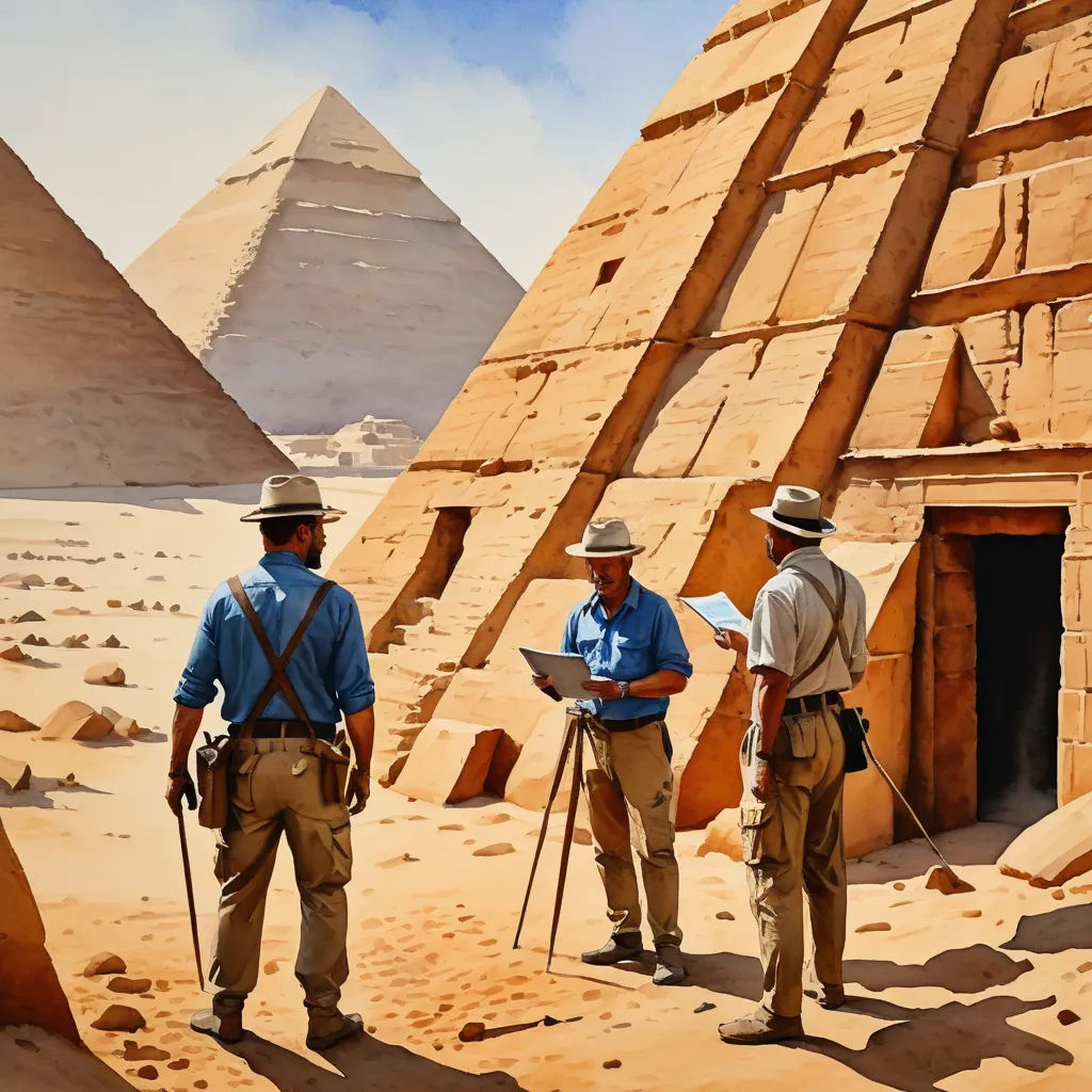 three men standing in front of a pyramid with a map in their hands and a camera in their hand, analytical art, a detailed matte painting, David A Hardy, detailed painting