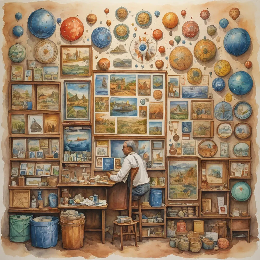 a painting of a man working in a shop with a lot of pictures on the wall behind him and a lot of other items on the wall, analytical art, a detailed painting, Chris LaBrooy, detailed painting
