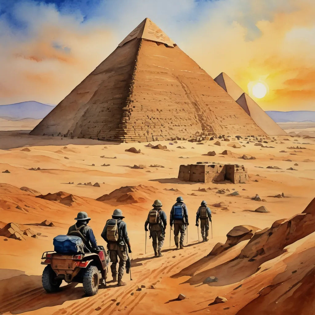 a painting of a group of people walking in front of a pyramid in the desert with a jeep in front of them, fantasy art, a detailed matte painting, David A Hardy, desert