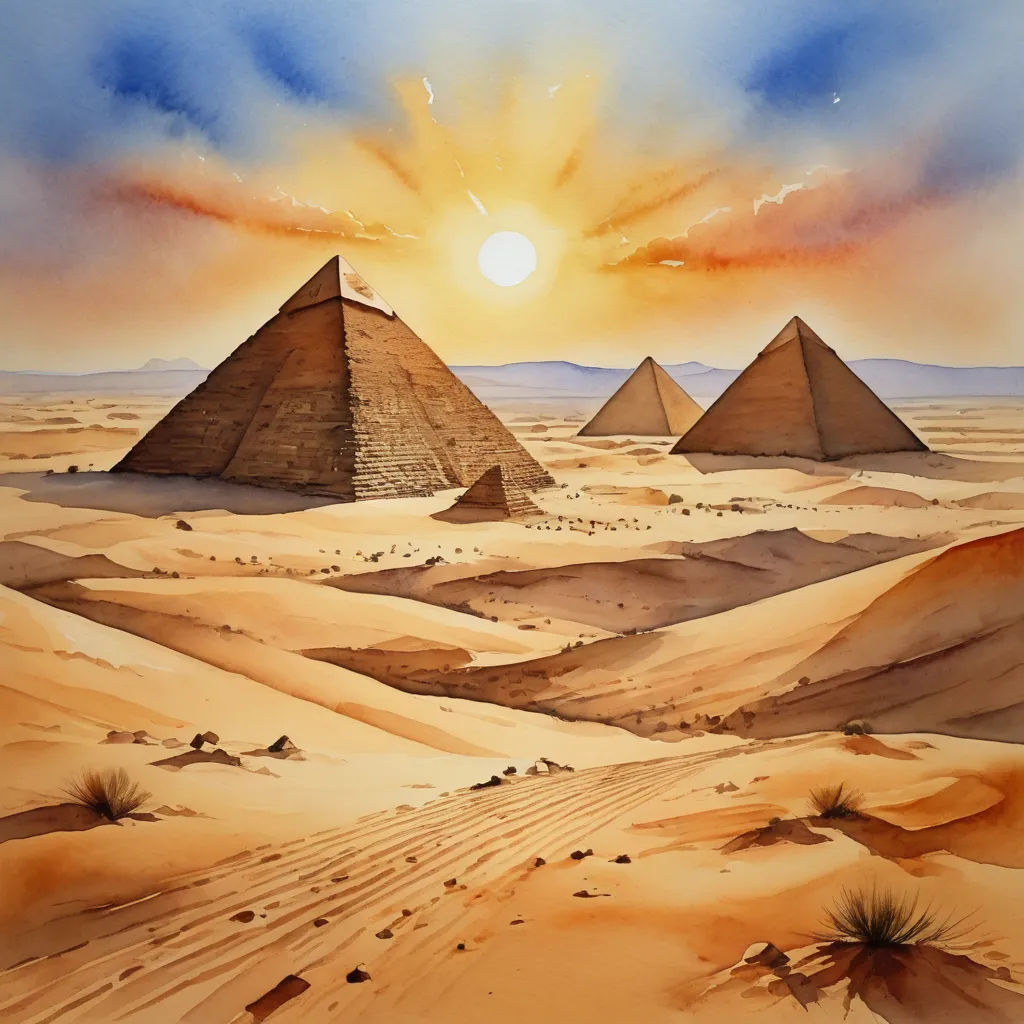 a painting of three pyramids in the desert at sunset with a sun in the sky above them and a desert landscape, metaphysical painting, egyptian art, David A Hardy, rossdraws global illumination