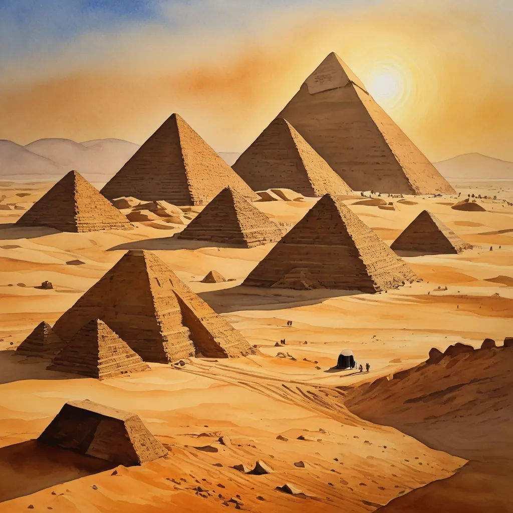 a painting of a desert with pyramids in the background and a man walking in the foreground with a camel in the foreground, metaphysical painting, egyptian art, David A Hardy, desert