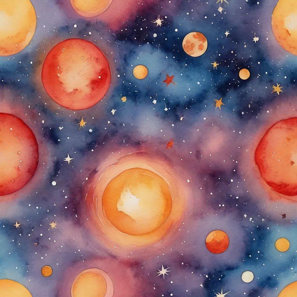a painting of planets and stars in the sky with a blue background and a red and yellow background with stars, space art, a watercolor painting, Chris LaBrooy, planets