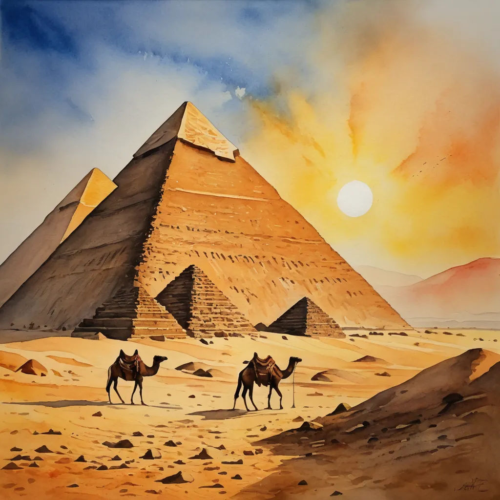 a painting of two camels in front of a pyramid in the desert with a sunset in the background, metaphysical painting, egyptian art, David A Hardy, rossdraws global illumination