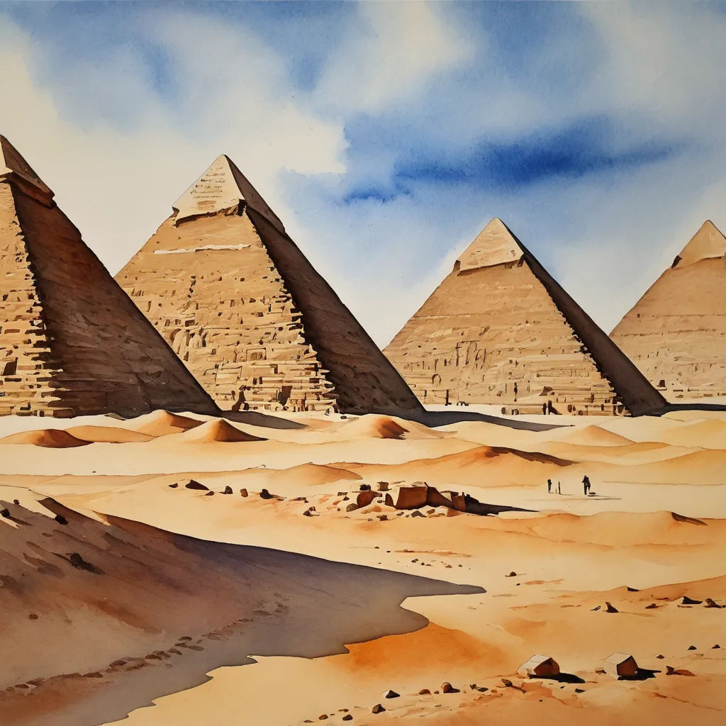 a painting of a desert with pyramids in the background and a man walking in the foreground of the painting, metaphysical painting, egyptian art, Andrew Geddes, detailed painting