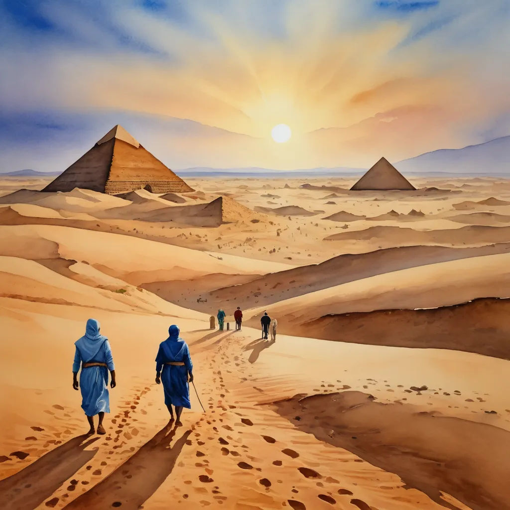 a painting of a group of people walking in the desert with pyramids in the background and a sunset, fantasy art, egyptian art, Christophe Vacher, desert