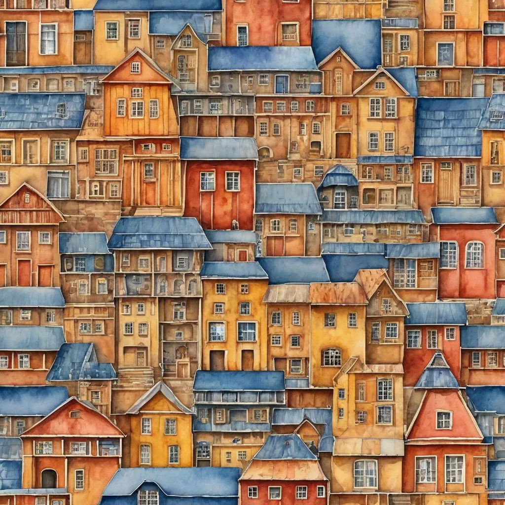 a painting of a city with many buildings and windows, all painted in different colors and sizes, with a blue roof, folk art, a detailed painting, Chris LaBrooy, city background