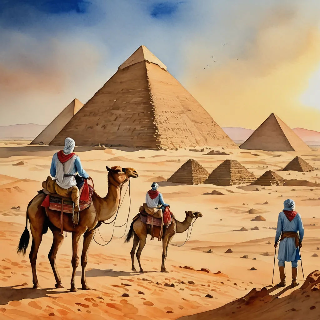 a painting of a man riding a camel in the desert with pyramids in the background and a man on a camel, fantasy art, egyptian art, David A Hardy, matte fantasy painting