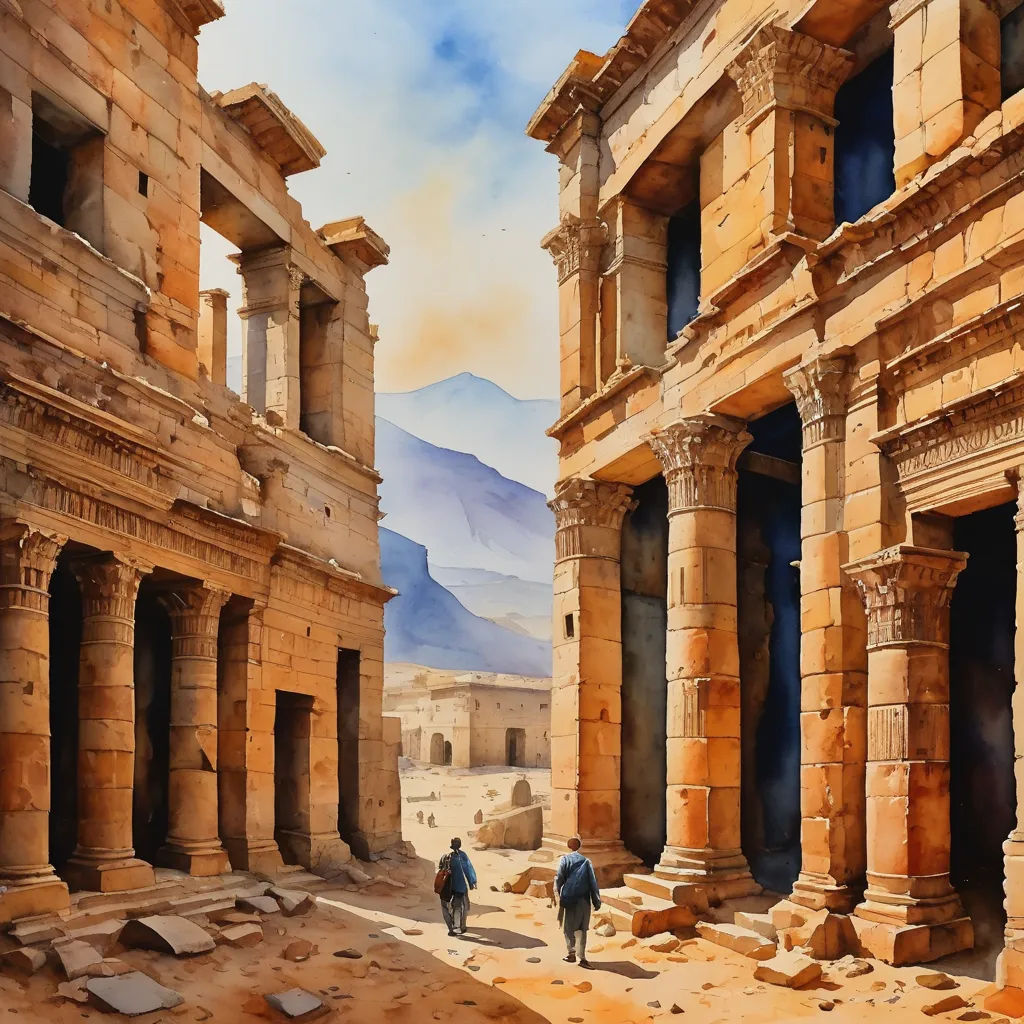 a painting of two men walking through a desert town with mountains in the background and a mountain range in the distance, modern european ink painting, egyptian art, Andrew Geddes, detailed painting