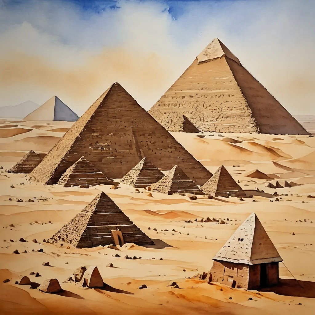a painting of pyramids in the desert with a sky background and a few clouds in the sky above, metaphysical painting, egyptian art, David A Hardy, matte painting
