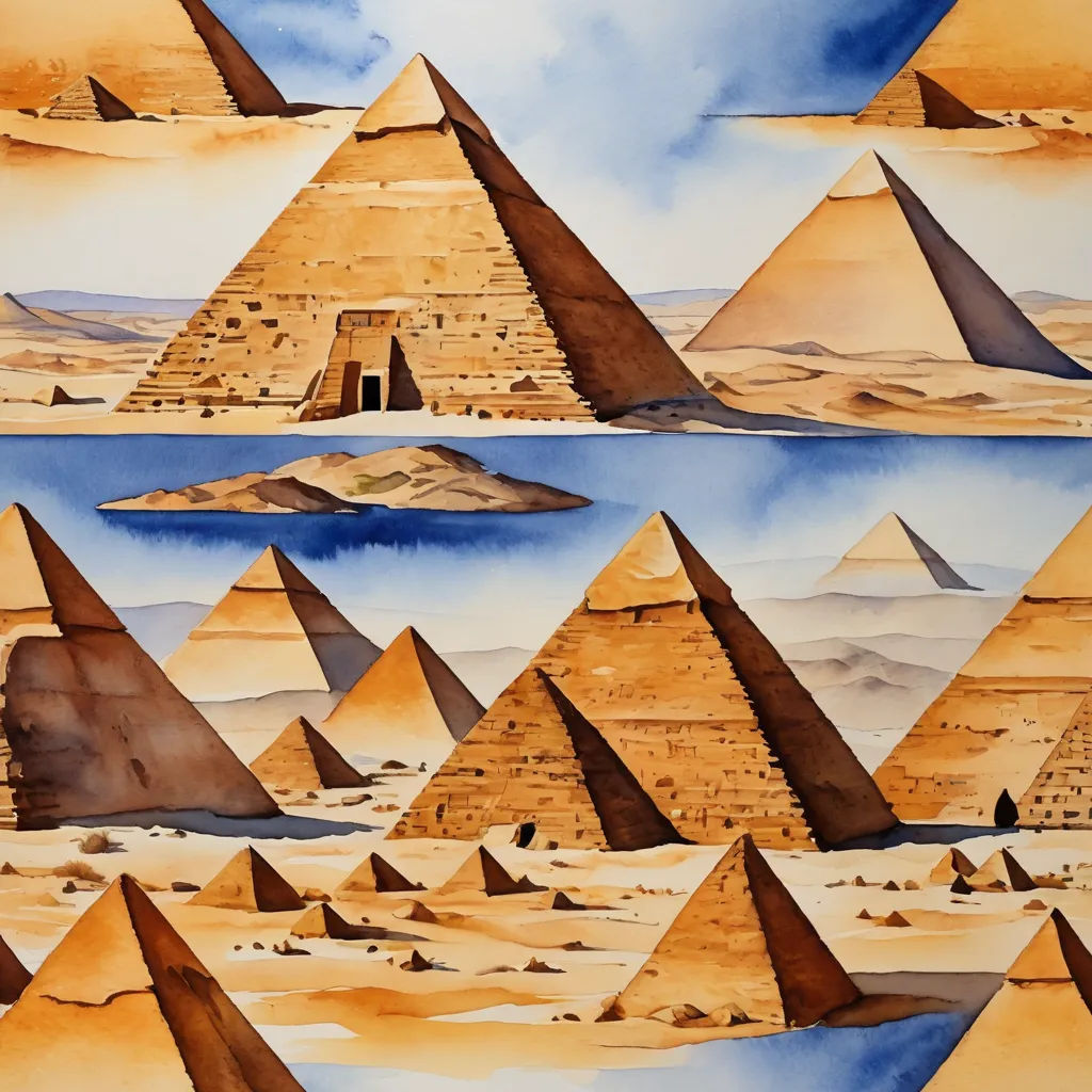 a painting of pyramids in the desert with a blue sky in the background and a blue sky in the background, metaphysical painting, egyptian art, Ernst Thoms, desert