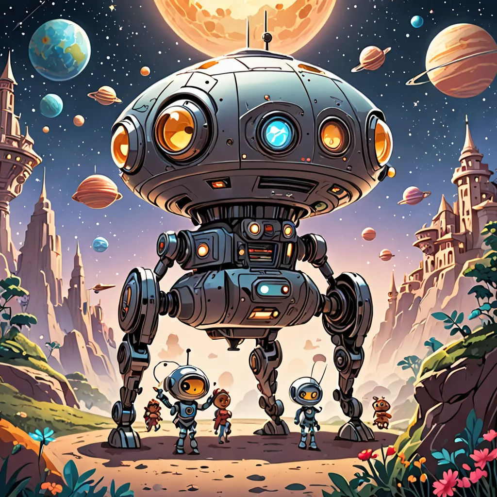 a robot with a group of small children standing in front of it in the space with planets and stars, Chris LaBrooy, josan gonzales and dan mumford, poster art, space art