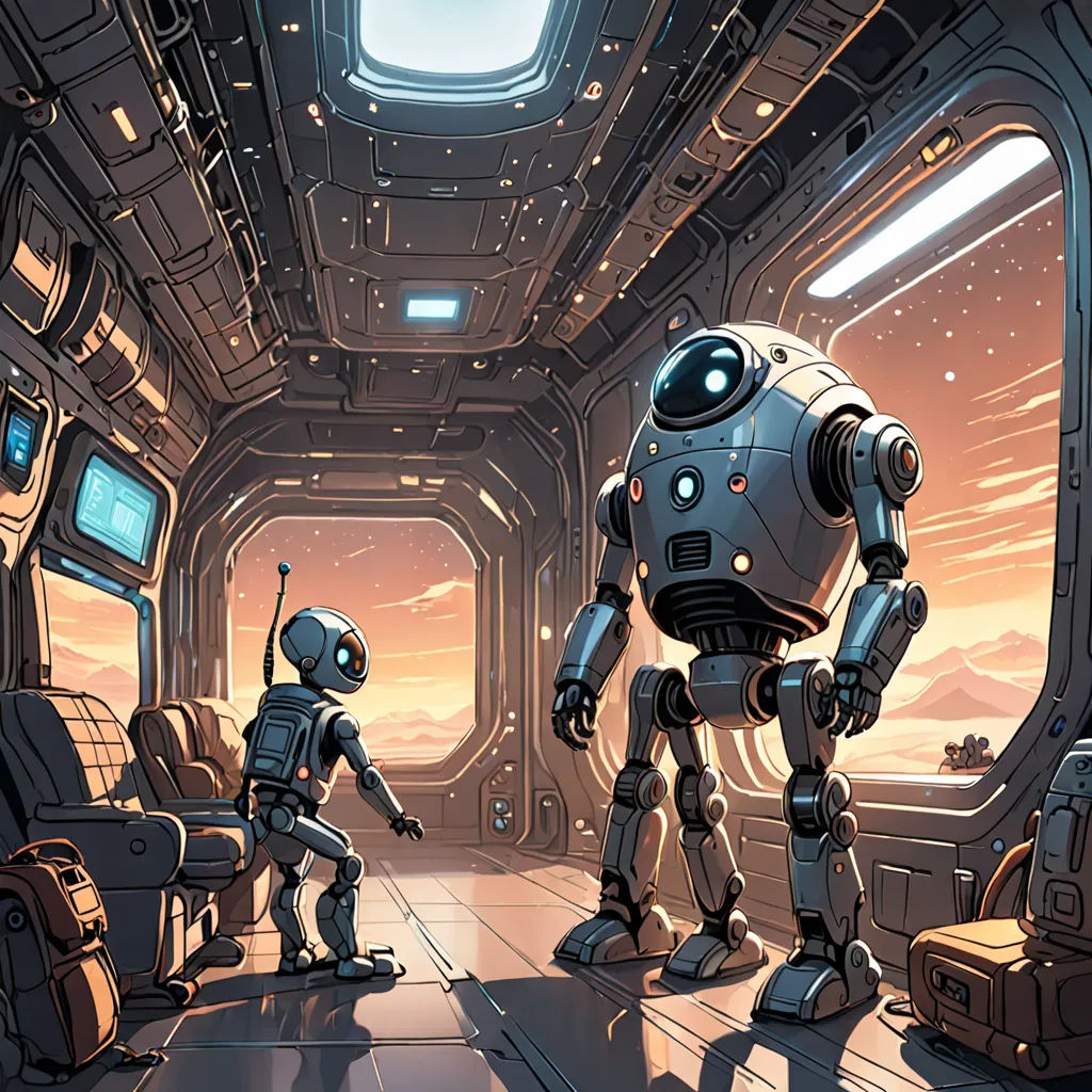 a robot and a man in a space station with a tv screen in the background and a window to the other side, Dan Mumford, laurie greasley, a comic book panel, space art
