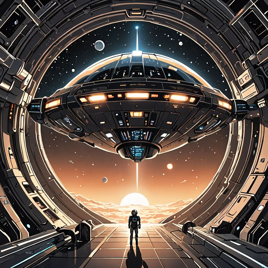 a man standing in a space station looking at a spaceship in the distance with a man standing in the doorway, Dan Mumford, sci fi, poster art, space art