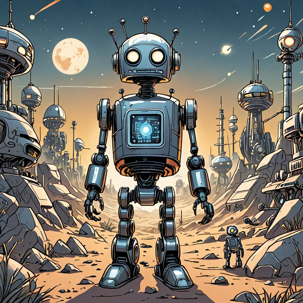 a robot standing in a desert with a sky background and a full moon in the distance with a few small objects in the foreground, Dan Mumford, josan gonzales and dan mumford, a comic book panel, retrofuturism