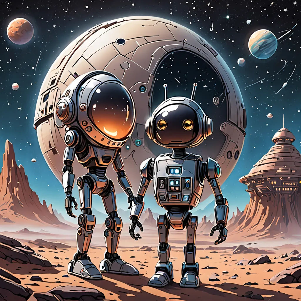 two robots standing in front of a planet with a moon in the background and stars in the sky above, Dan Mumford, josan gonzales and dan mumford, computer graphics, space art