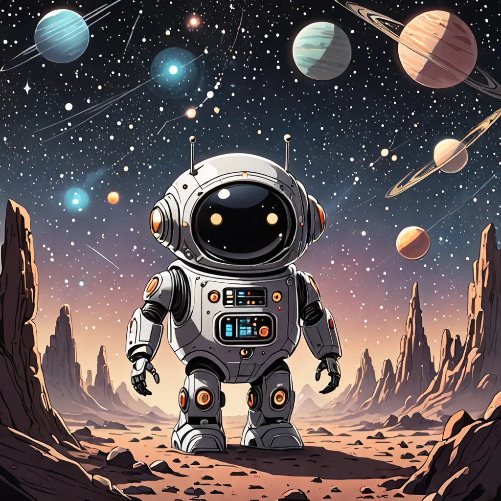 a cartoon of a spaceman standing in the desert with planets in the background and a sky full of stars, Dan Mumford, josan gonzales and dan mumford, poster art, space art