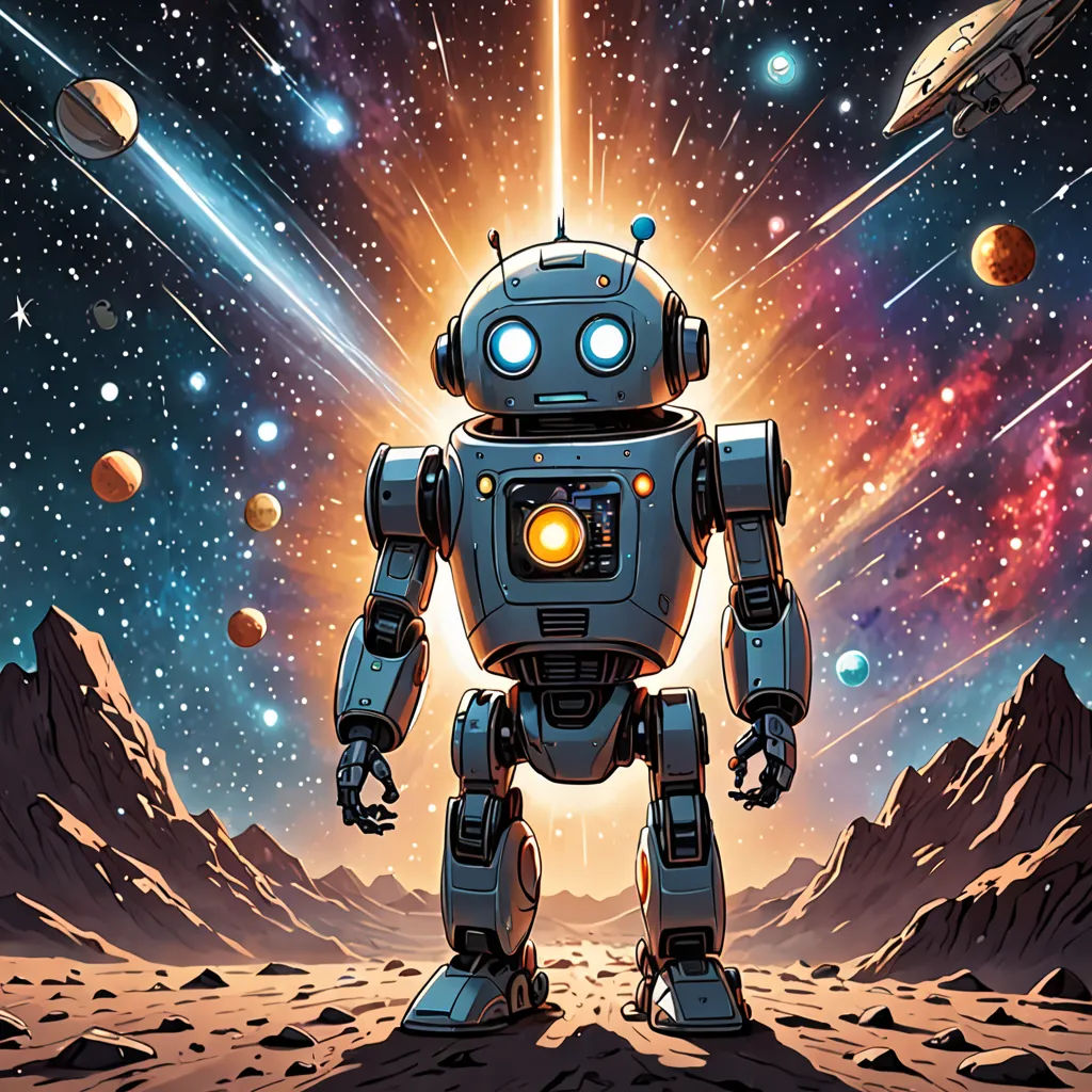a robot standing on a desert with planets in the background and a spaceship in the sky above it, with a bright light shining on the horizon, Dan Mumford, josan gonzales and dan mumford, poster art, space art