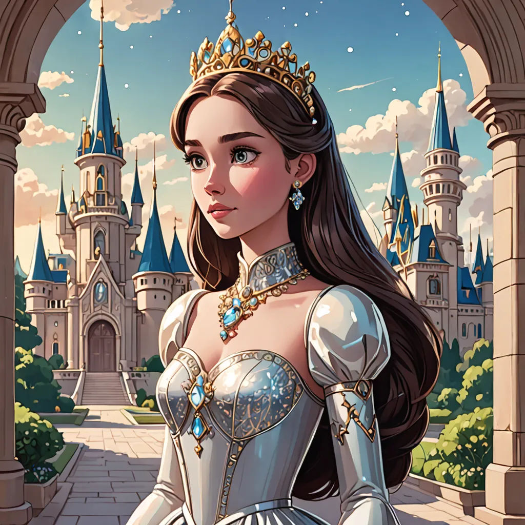 a woman in a white dress standing in front of a castle with a clock tower and a clock tower, disney, rossdraws global illumination, a storybook illustration, fantasy art