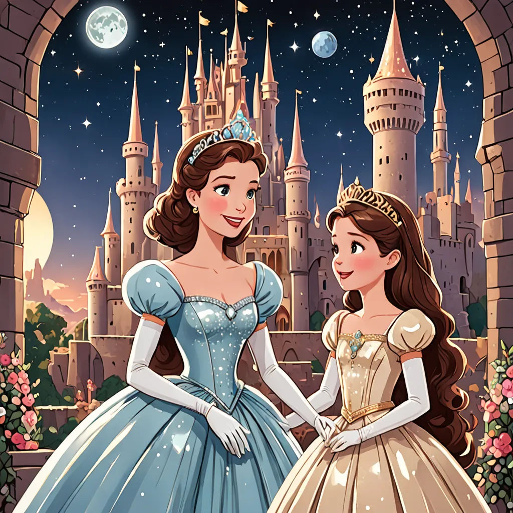 a couple of women standing next to each other in front of a castle at night with a moon in the sky, disney, official art, a storybook illustration, fantasy art