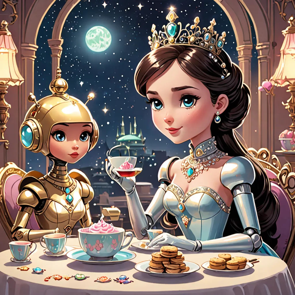 a cartoon of a woman and a robot sitting at a table with a cup of tea and a teapot, Anne Stokes, rossdraws global illumination, a storybook illustration, fantasy art