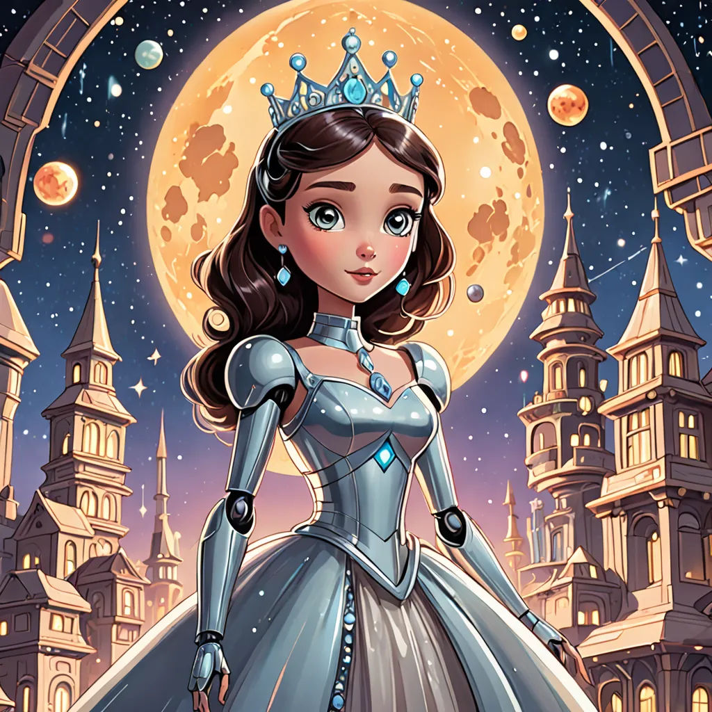 a cartoon of a woman in a dress and tiara standing in front of a castle with a full moon, Anna Dittmann, rossdraws global illumination, a storybook illustration, fantasy art