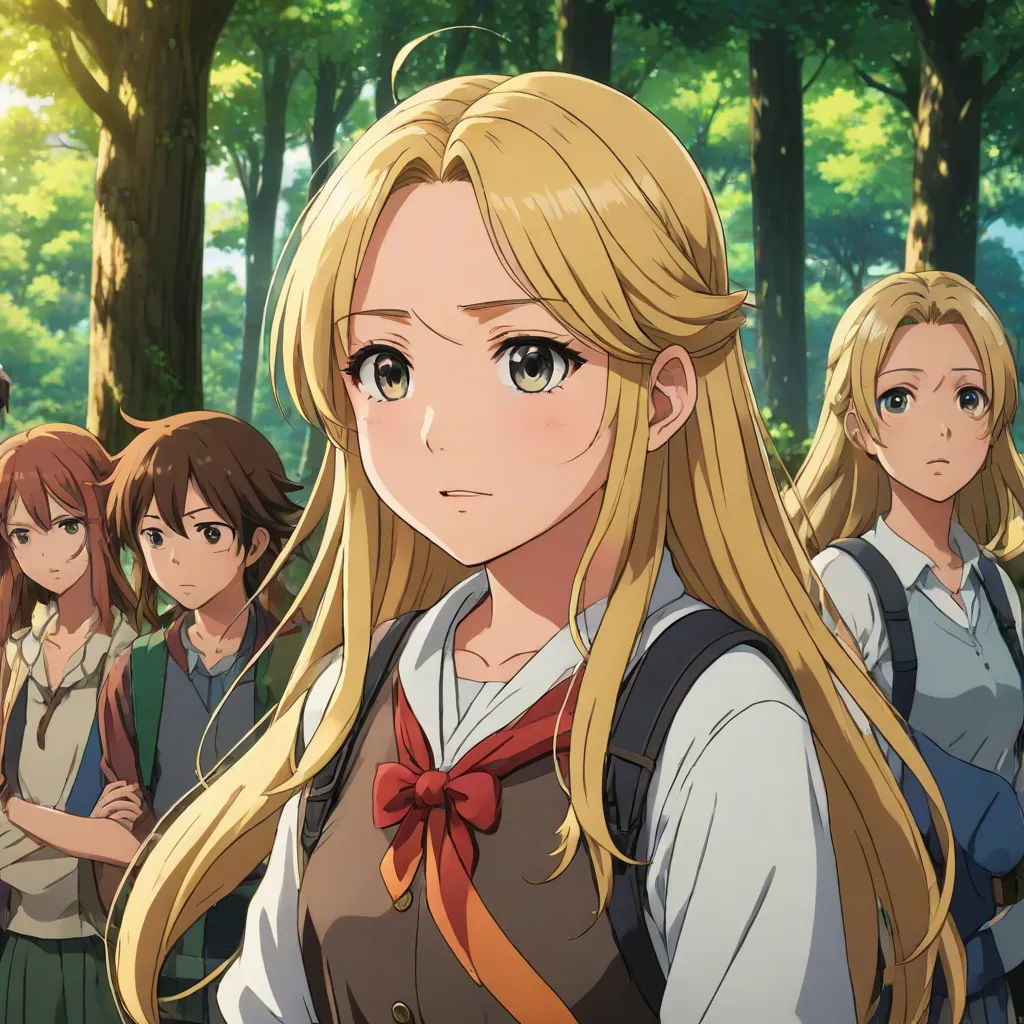 a group of girls standing in a forest with trees in the background and a man standing behind them with a sword, sots art, an album cover, Aguri Uchida, official art