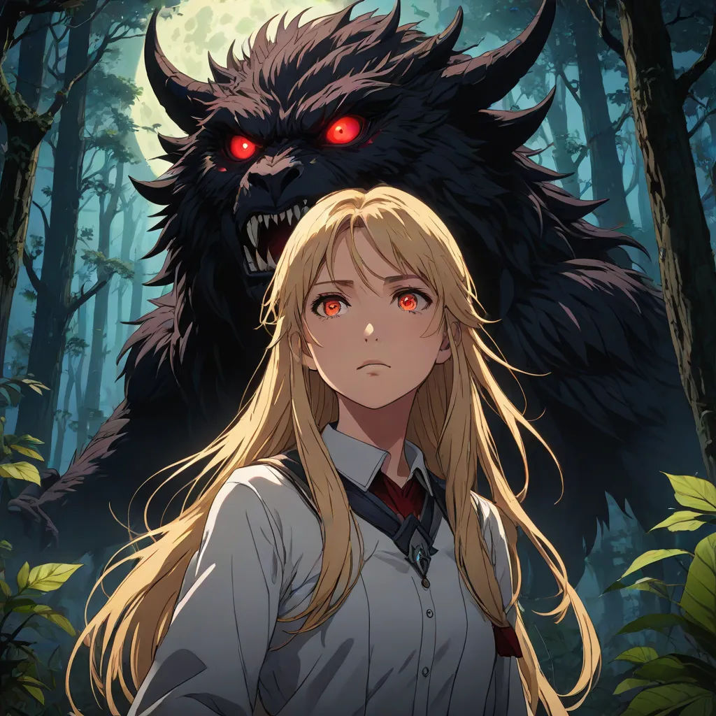 a woman with long blonde hair and red eyes stands in front of a black monster in a forest with red eyes, furry art, poster art, Ayami Kojima, official art
