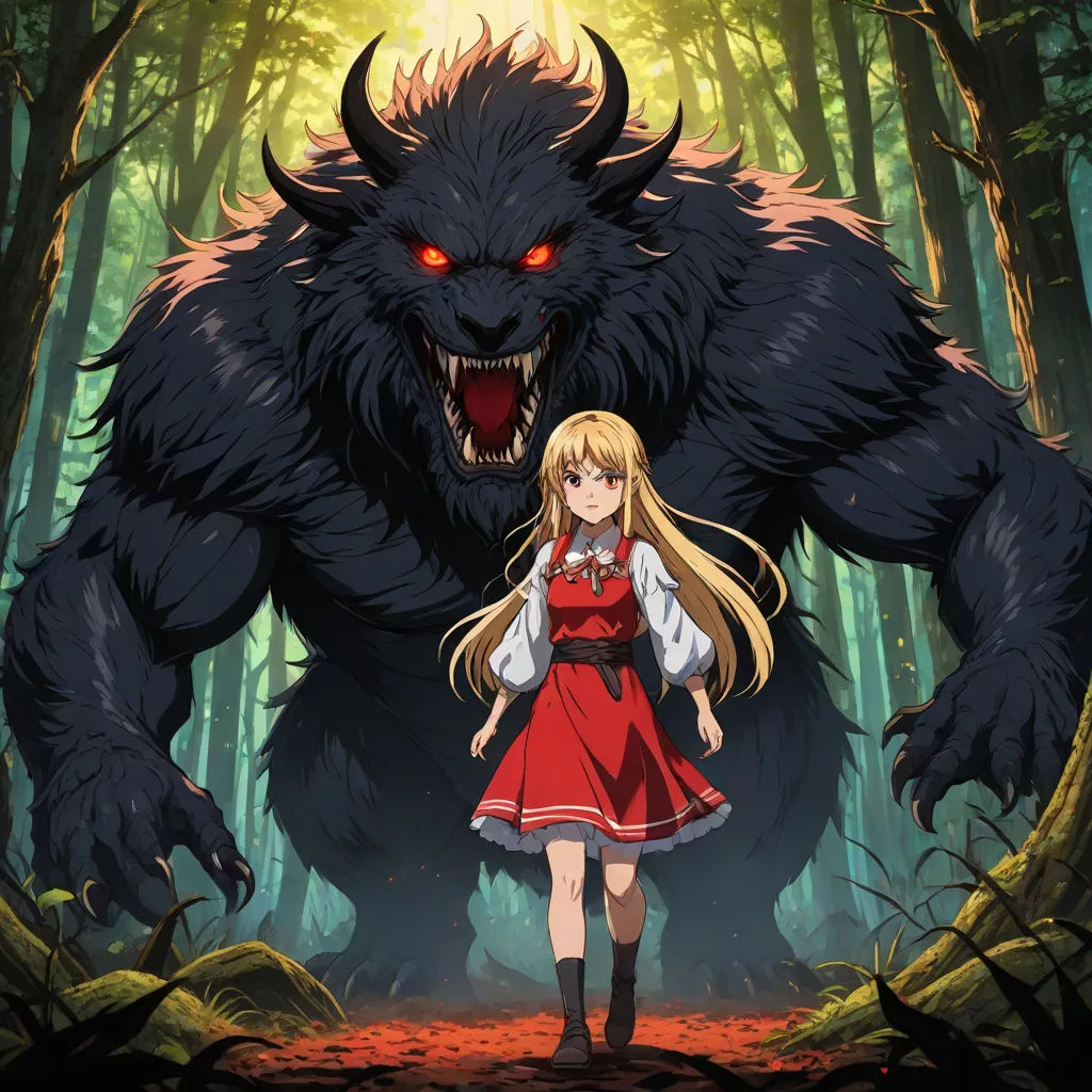 a girl in a red dress standing in front of a giant monster in a forest with red eyes and a red dress, furry art, poster art, Ayami Kojima, official art