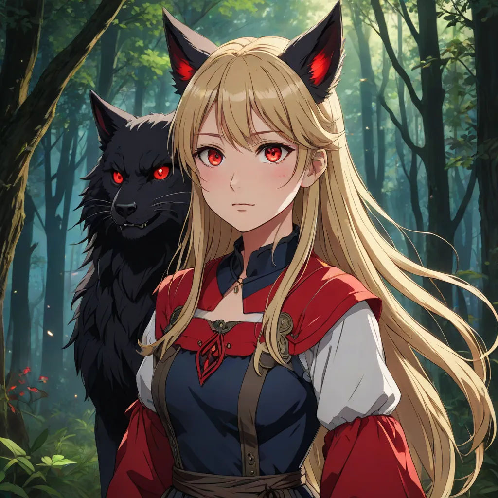 a woman with long blonde hair and red eyes stands in a forest with a black cat behind her, looking at the camera, sots art, a character portrait, Anne Said, official art