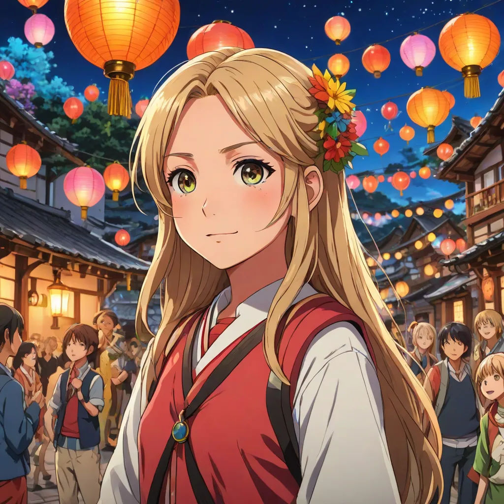 a woman in a red vest standing in front of a crowd of people with lanterns above her head and a sky full of lanterns, aestheticism, concept art, Chizuko Yoshida, official art