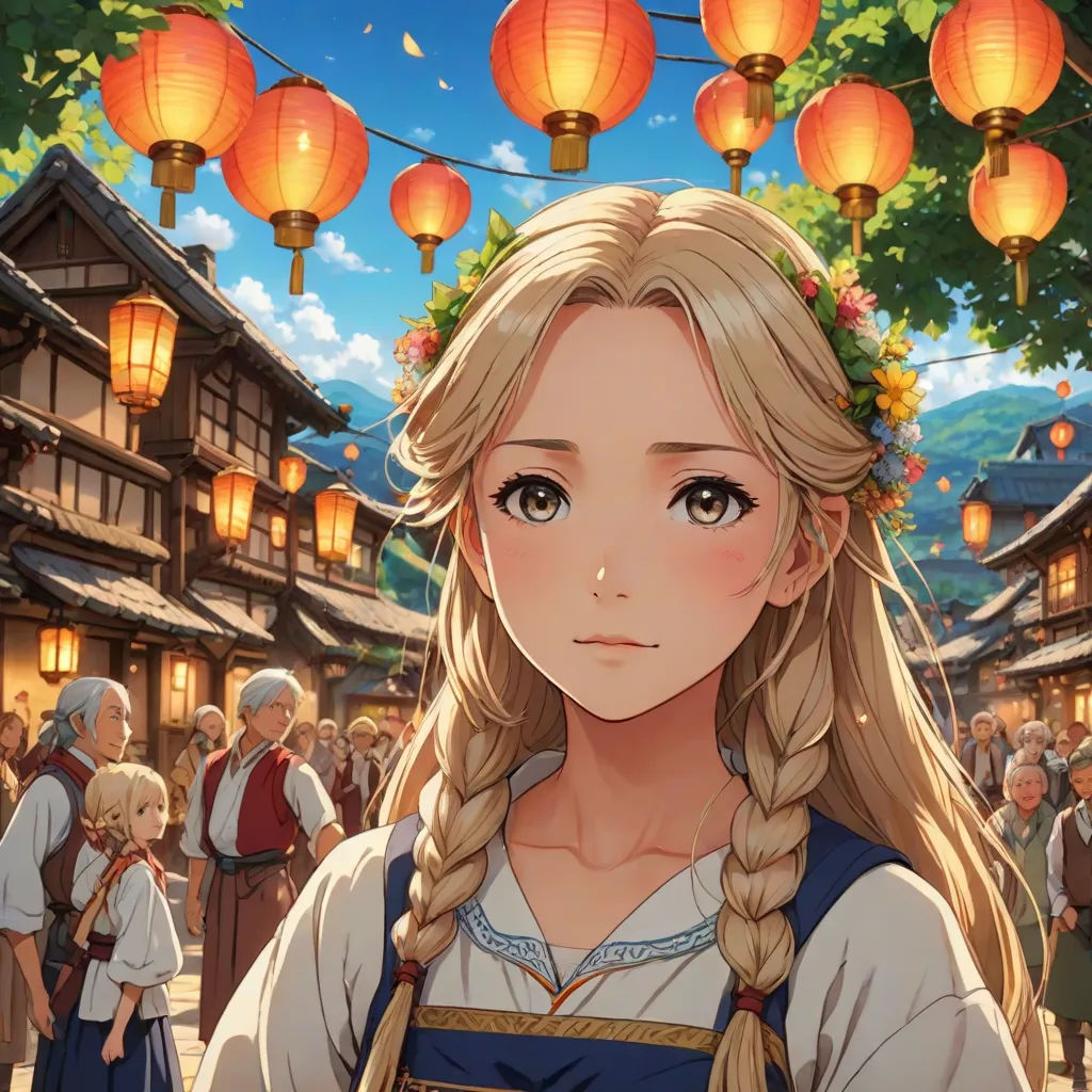 a girl with long blonde hair and braids standing in front of a crowd of people in a village, remodernism, a character portrait, Chizuko Yoshida, official art
