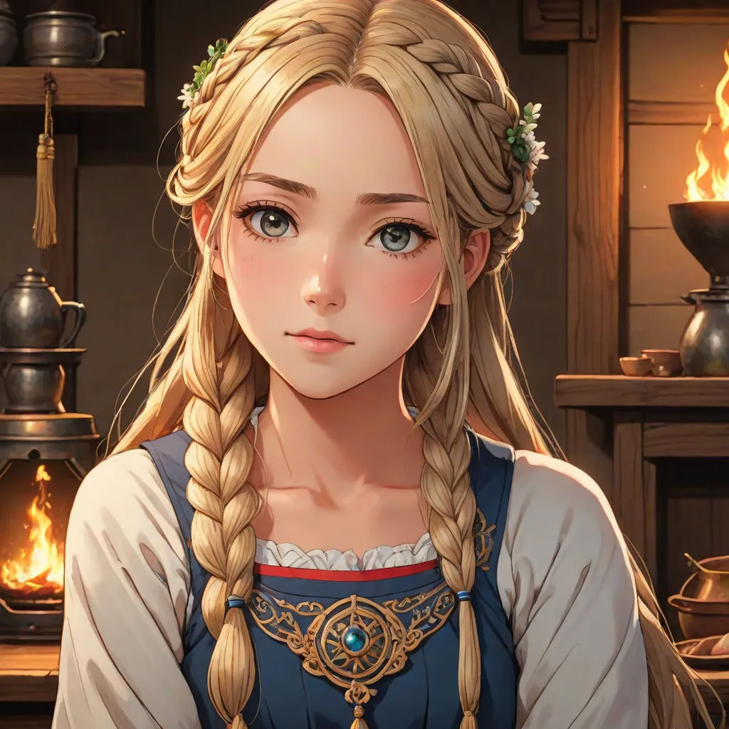 a girl with long blonde hair and braids in a kitchen with a fire in the background and a pot of tea on the table, fantasy art, a detailed painting, Artgerm, rossdraws global illumination