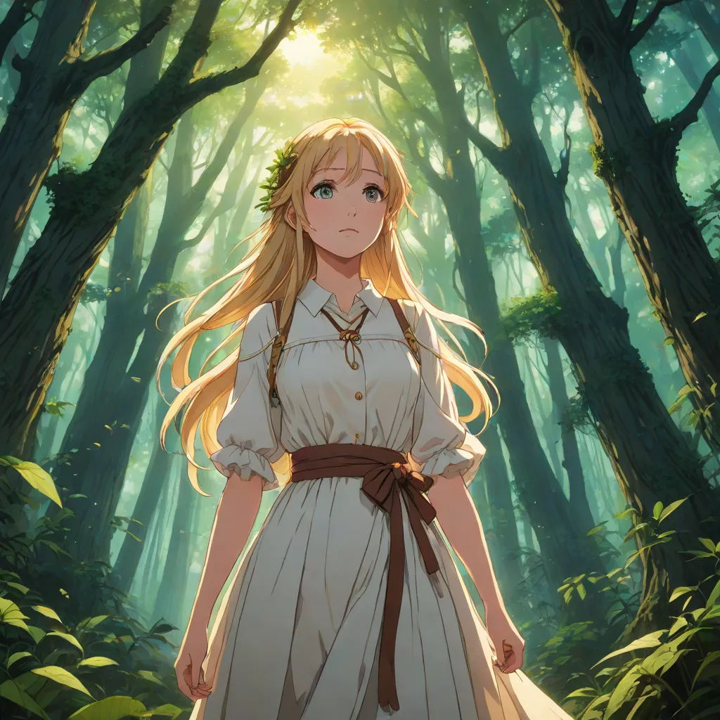 a woman in a white dress standing in a forest with trees and sunlight shining through the trees behind her, neo-romanticism, a painting, Alice Prin, official art