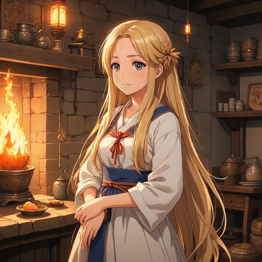 a woman in a long dress standing in front of a fire place with a candle in the background and a fire burning in the fireplace, remodernism, a character portrait, Chizuko Yoshida, official art