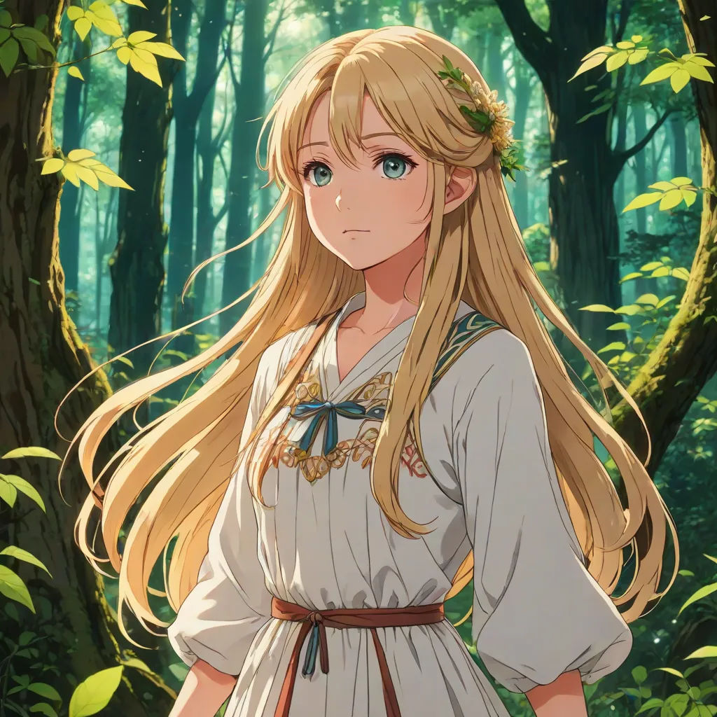 a girl in a white dress standing in a forest with long blonde hair and a bow in her hair, neo-romanticism, a painting, Chizuko Yoshida, official art