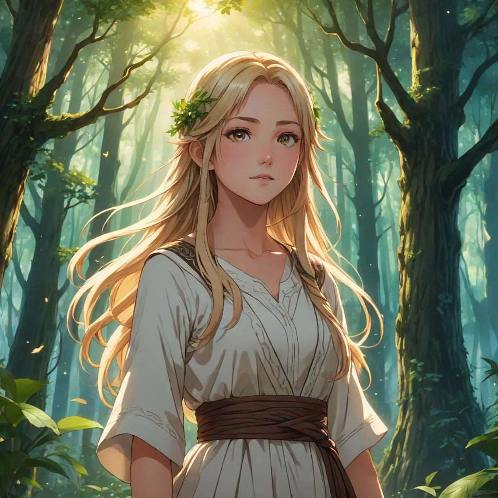 a woman in a white dress standing in a forest with trees and sunlight shining through the trees behind her, fantasy art, a character portrait, Charlie Bowater, rossdraws global illumination