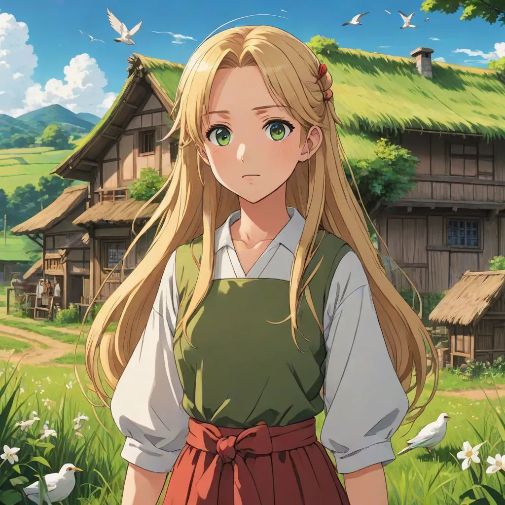 a girl in a green dress standing in front of a house with a green roof and a bird flying over her, remodernism, a detailed matte painting, Anne Said, official art