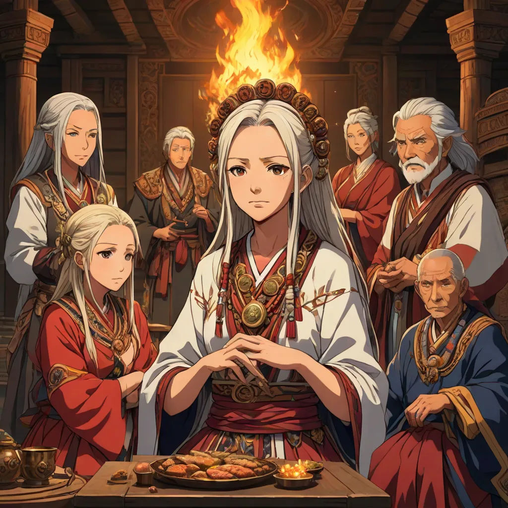 a group of people standing around a table with food on it and a fire in the background with a man in the middle, sots art, an album cover, Baiōken Eishun, official art