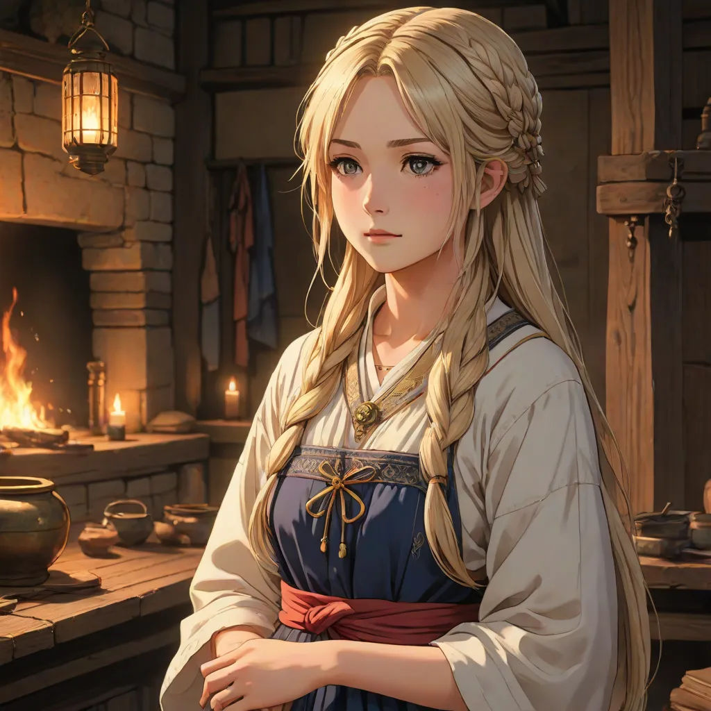 a woman in a medieval dress standing in front of a fireplace with a lit candle in her hand and a lit candle in her other hand, fantasy art, a detailed painting, Andor Basch, official art
