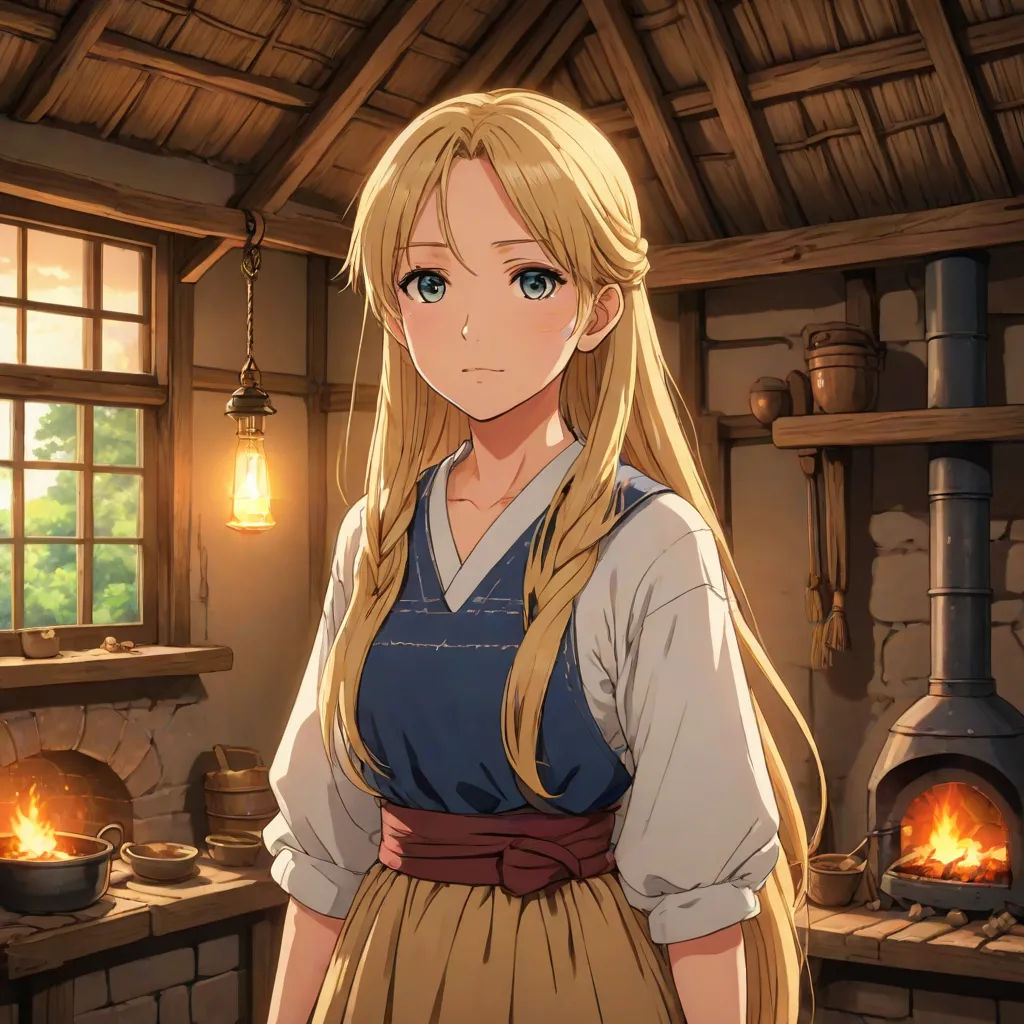 a blonde haired woman standing in front of a fire place in a kitchen with a stove and a window, remodernism, a character portrait, Anne Said, official art