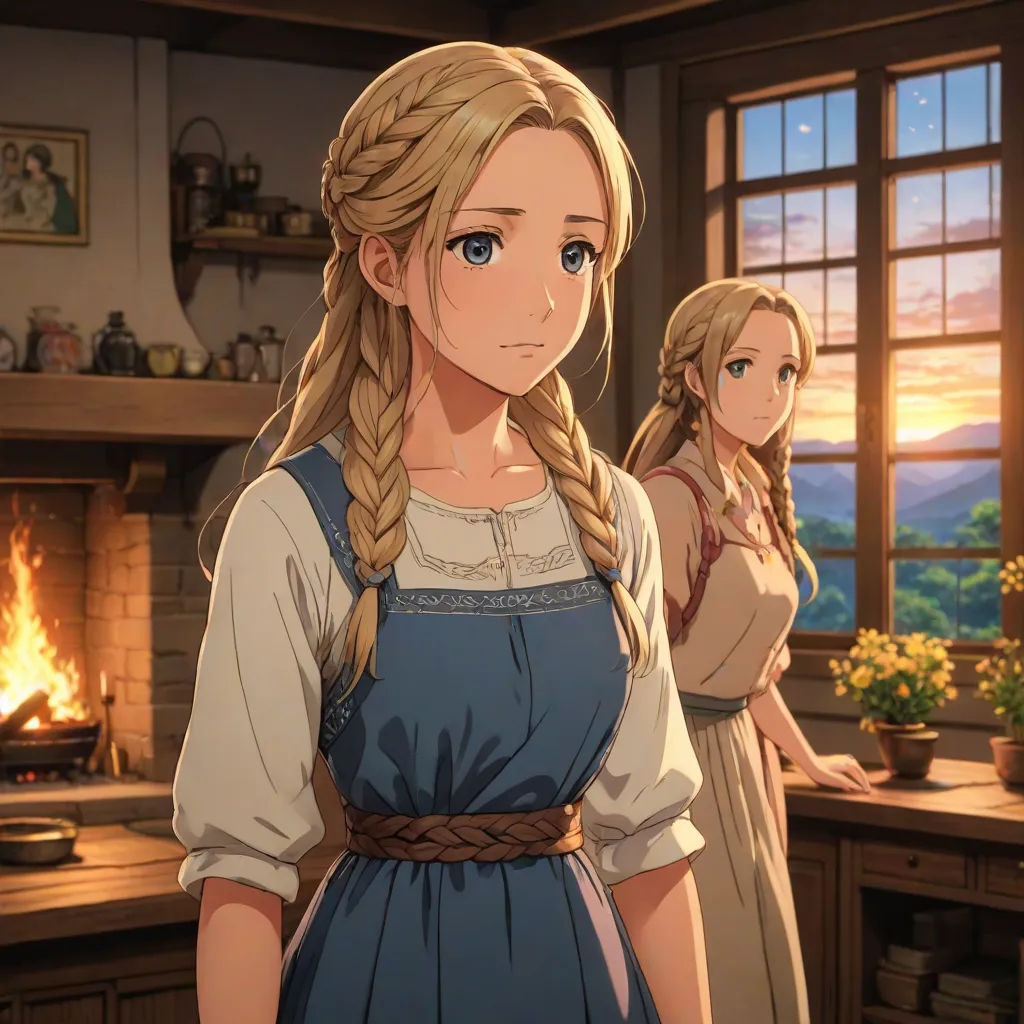 a woman in a kitchen with a fire place in the background and a girl in a dress standing in front of a window, remodernism, concept art, Anne Said, official art