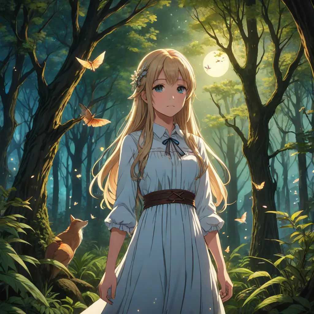 a girl in a white dress standing in a forest with a cat and a bird flying overhead in the background, neo-romanticism, a painting, Alice Prin, official art