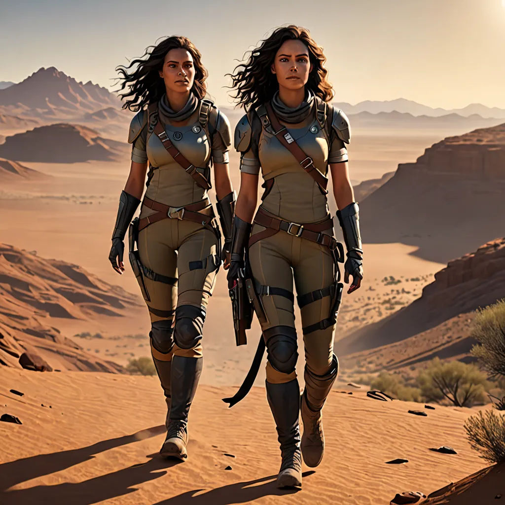 two women in futuristic outfits walking through the desert with mountains in the background and a sun in the sky, Cedric Peyravernay, space art, concept art, promotional image