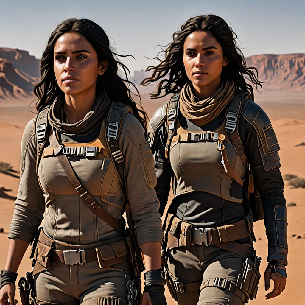 two women in military gear walking through the desert together, with desert mountains in the background, and a desert landscape in the foreground, Felix-Kelly, antipodeans, concept art, promotional image