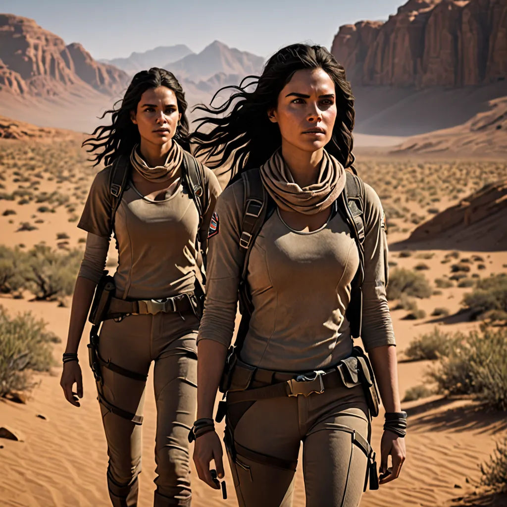 two women in desert outfits walking through the desert with mountains in the background and sand dunes in the foreground, Felix-Kelly, antipodeans, poster art, promotional image