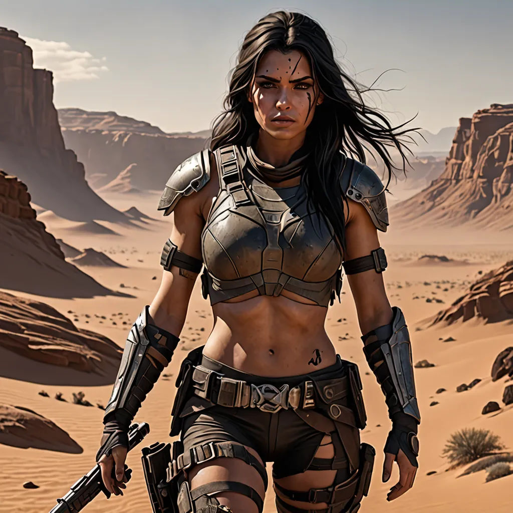 a woman in a futuristic outfit walking through the desert with a gun in her hand and a desert landscape in the background, Dirk Crabeth, fantasy art, concept art, mars ravelo and greg rutkowski