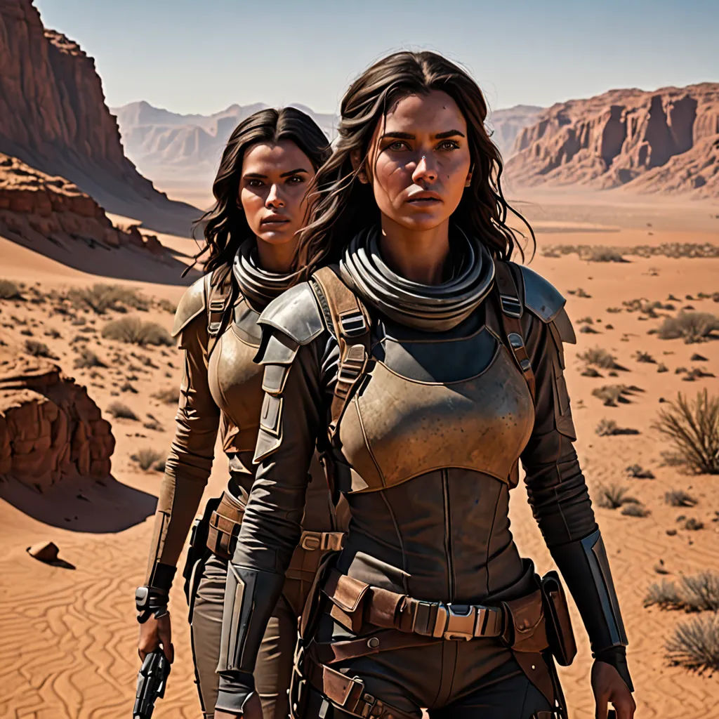 two women in futuristic clothing walking through the desert with desert mountains in the background and a desert landscape in the foreground, Aleksi Briclot, antipodeans, concept art, mars ravelo and greg rutkowski