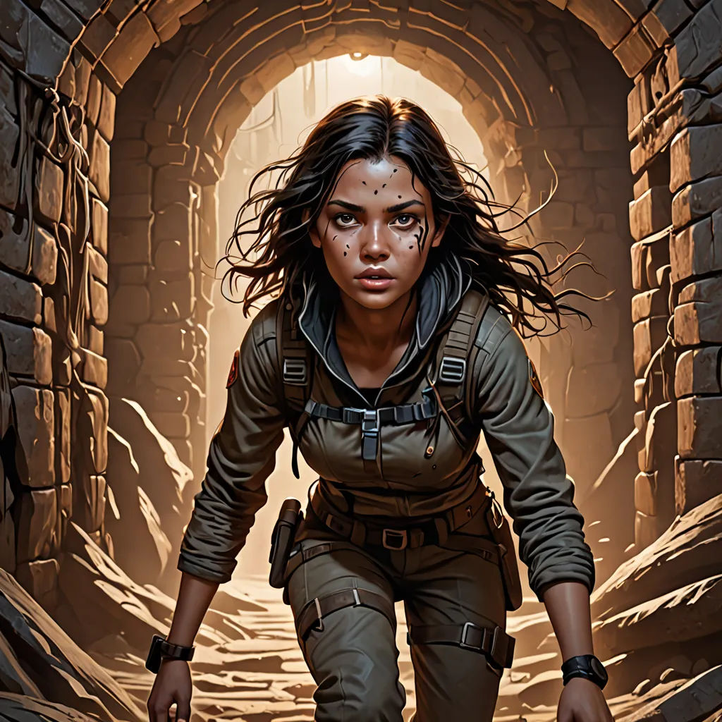 a woman in a tunnel with a gun in her hand and a gun in her hand, with a gun in her hand, Clint Cearley, fantasy art, a character portrait, mars ravelo and greg rutkowski